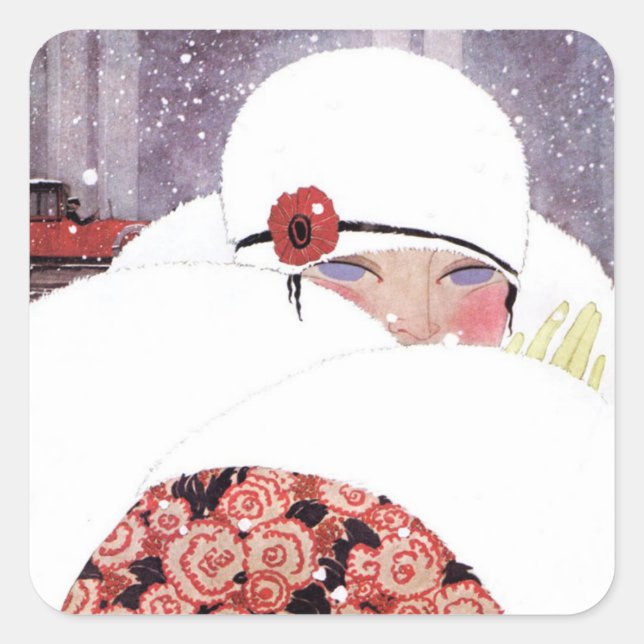 WOMAN IN THE SNOW,WINTER BEAUTY FASHION SQUARE STICKER (Front)