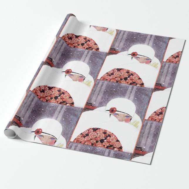 WOMAN IN THE SNOW,WINTER BEAUTY FASHION WRAPPING PAPER (Unrolled)