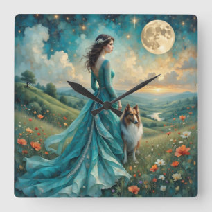 Woman in Turquoise Dress and Sable Rough Collie Square Wall Clock