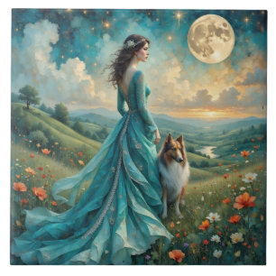 Woman in Turquoise Dress and Sable Rough Collie Tile