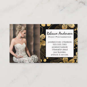 Woman in Wedding Dress   Gold Floral Pattern Business Card