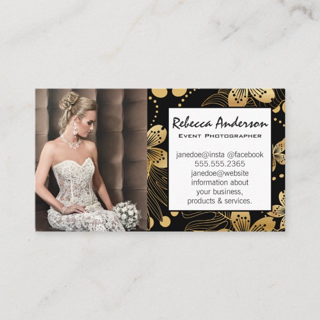 Woman in Wedding Dress | Gold Floral Pattern Business Card (Front)