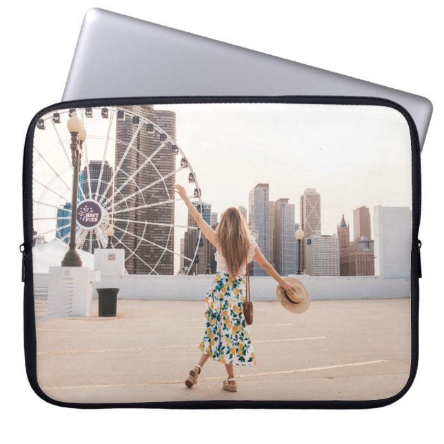 Woman in white and blue floral dress holding hat laptop sleeve (Front)