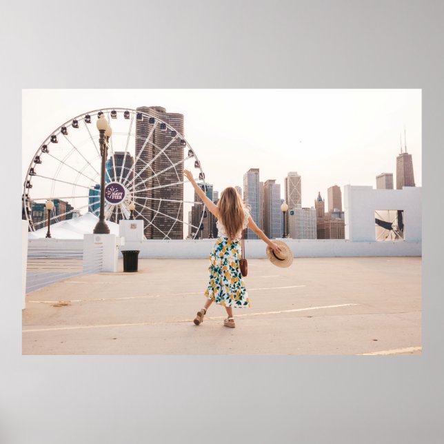 Woman in white and blue floral dress holding hat poster (Front)