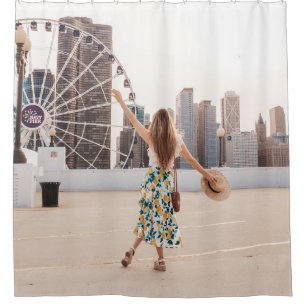 Woman in white and blue floral dress holding hat shower curtain