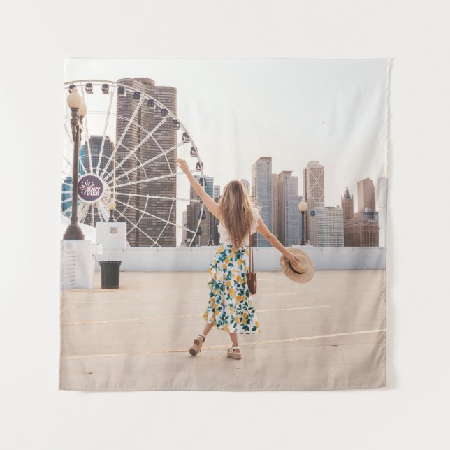 Woman in white and blue floral dress holding hat tapestry (Front)
