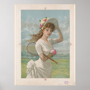 Woman in white dress holding Tennis racket Vintage Poster