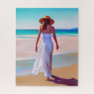 Woman in White on the Beach Jigsaw Puzzle