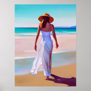 Woman in White on the Beach Poster