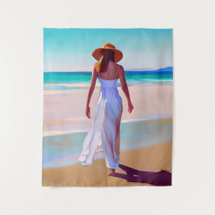 Woman in White on the Beach Tapestry