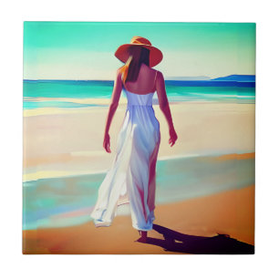 Woman in White on the Beach Tile