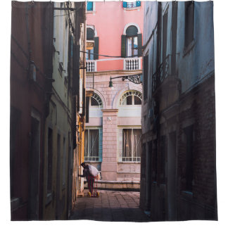 WOMAN IN WHITE SHIRT AND BLACK PANTS WALKING ON SI SHOWER CURTAIN