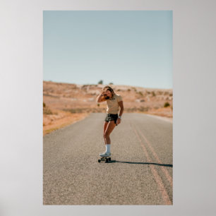 Woman in white shirt running on road in the mornin poster