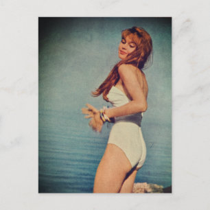 Woman in White Swimsuit on the beach in 1957  Postcard