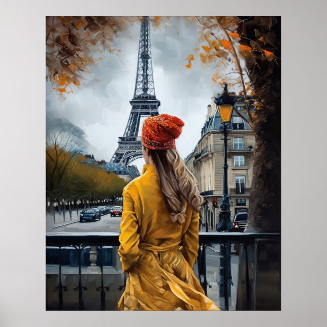 Woman in Yellow Bathrobe Admiring Eiffel Tower Poster (Front)