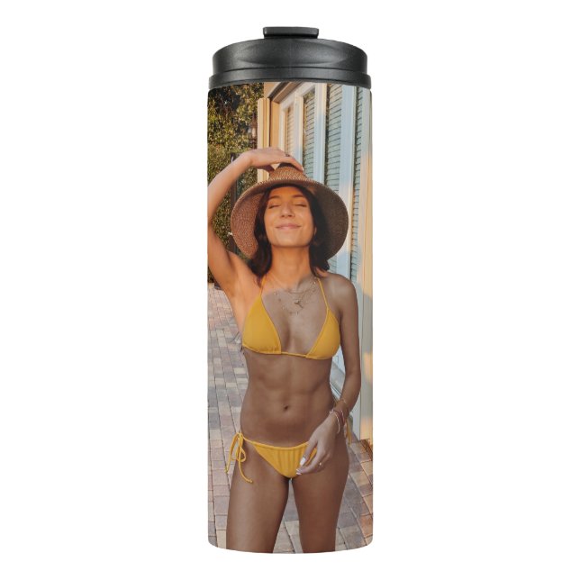 Woman in yellow bikini standing on brown brick flo thermal tumbler (Front)