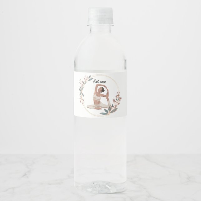 Woman in yoga pose bow flower boho  water bottle label (Front)