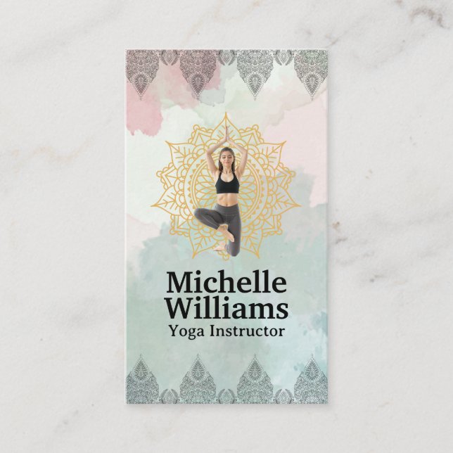 Woman in Yoga Pose | Mandala and Paisley Pattern Business Card (Front)