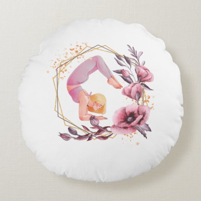 Woman in yoga pose pink flower spiritual round cushion (Front)