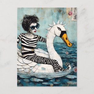 Woman In Zebra Striped Outfit on a Floating Swan  Postcard