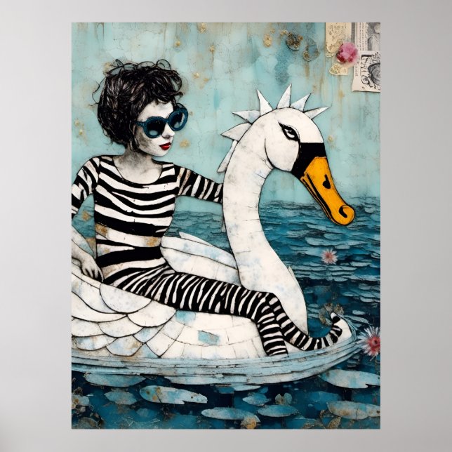Woman In Zebra Striped Outfit on a Floating Swan  Poster (Front)
