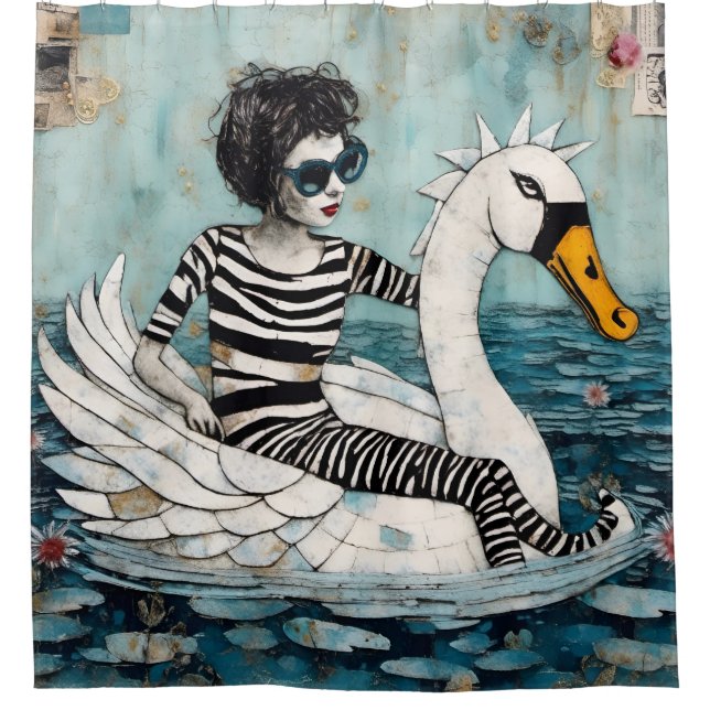 Woman In Zebra Striped Outfit on a Floating Swan  Shower Curtain (Front)
