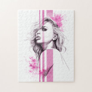 Woman ink portrait Pink Fashion illustration art Jigsaw Puzzle