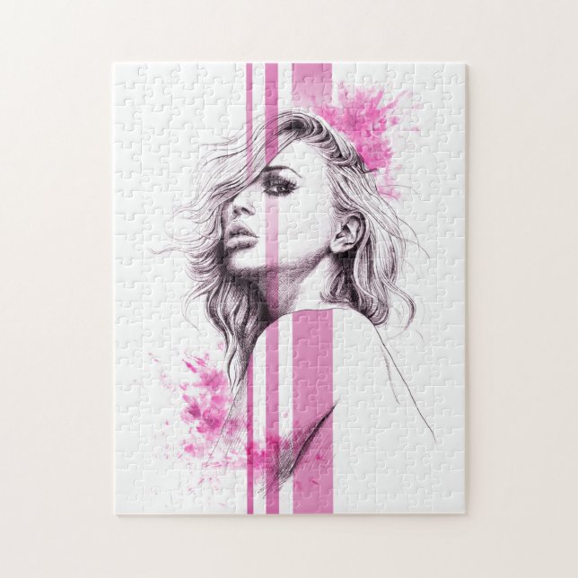 Woman ink portrait Pink Fashion illustration art Jigsaw Puzzle (Vertical)