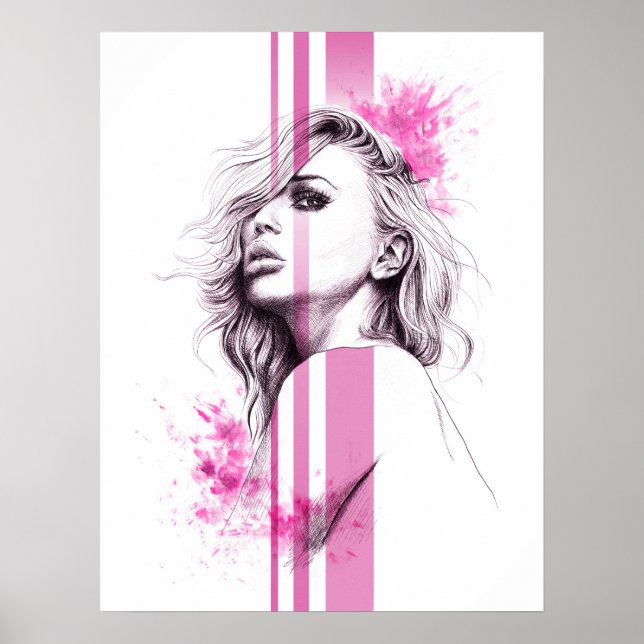 Woman ink portrait Pink Fashion illustration art Poster (Front)