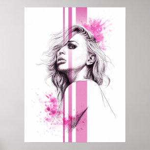 Woman ink portrait Pink Fashion illustration art Poster