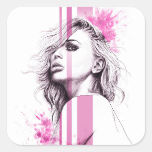 Woman ink portrait Pink Fashion illustration art Square Sticker