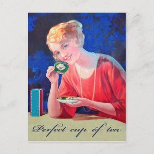 Woman is drinking perfect cup of tea, vintage postcard