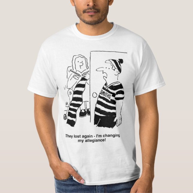 Woman is Knitting a Scarf for Football Fan. Funny T-Shirt (Front)