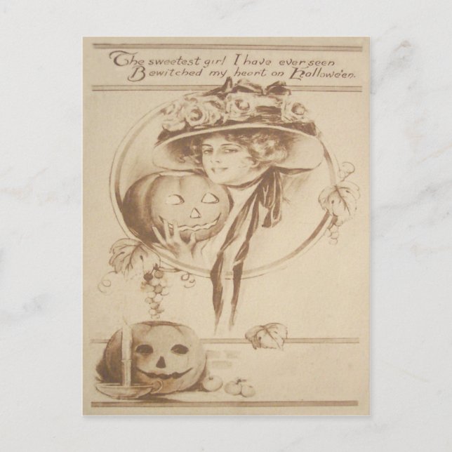 Woman Jack O' Lantern Leaf Candle Postcard (Front)