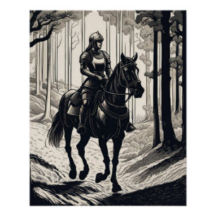 Woman knight riding on a horse in the forest poster