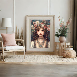 Woman Lady Portrait Flower Art Poster