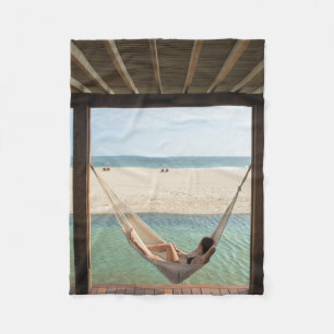 Woman Laying On A Hammock At A Small Hotel Fleece Blanket