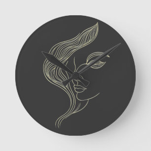 Woman Leaf Elegant Line Art Profile Round Clock