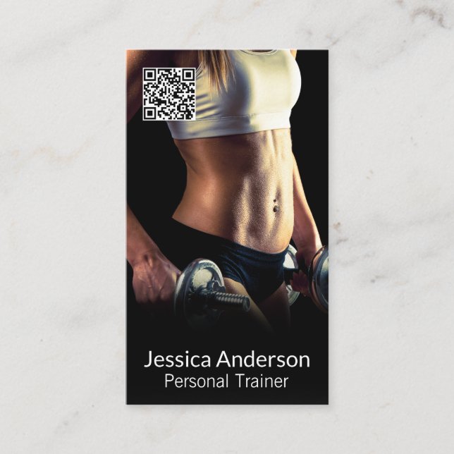 Woman Lifting Weights | Fitness Trainer | QR Business Card (Front)