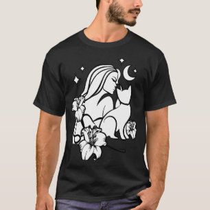 Woman Lilies Flowers Cat Fantasy Moon Glamour Goth T-Shirt