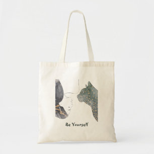 Woman looking at cat Tote Bags