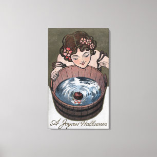 Woman Looking in Wood Barrel Canvas Print