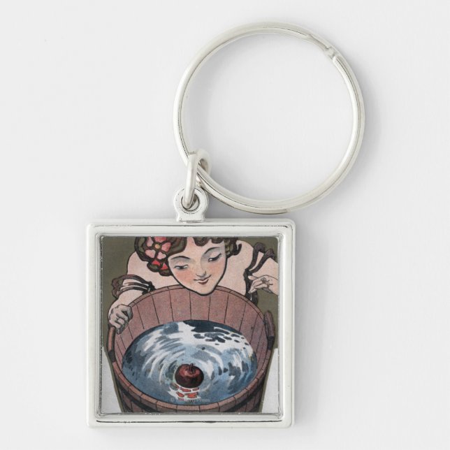 Woman Looking in Wood Barrel Key Ring (Front)