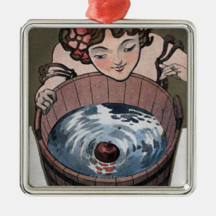Woman Looking in Wood Barrel Metal Tree Decoration
