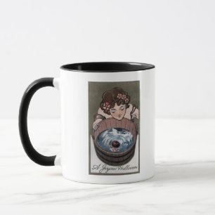Woman Looking in Wood Barrel Mug