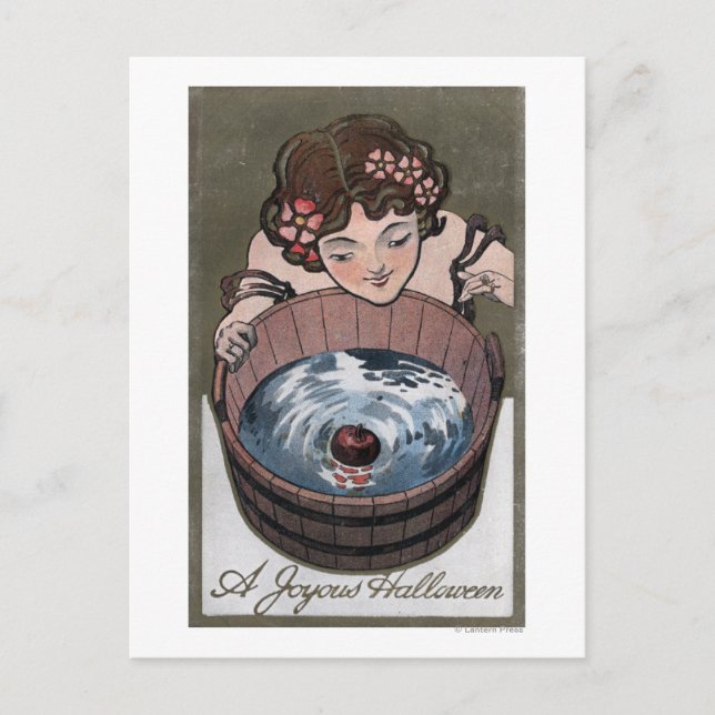 Woman Looking in Wood Barrel Postcard (Front)