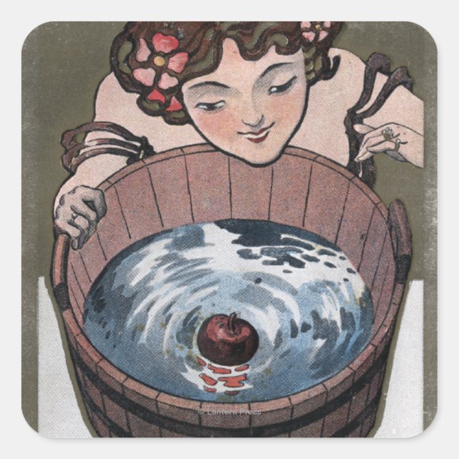 Woman Looking in Wood Barrel Square Sticker (Front)