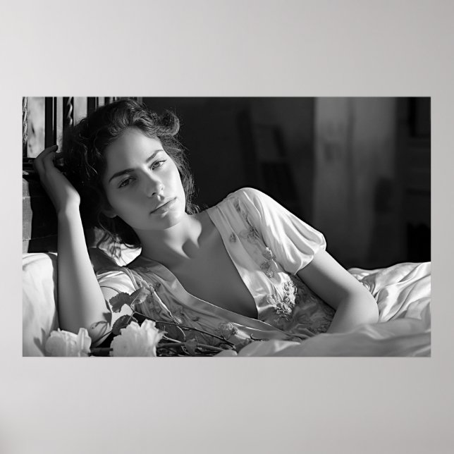 Woman lounging in bed B&W photo Poster (Front)