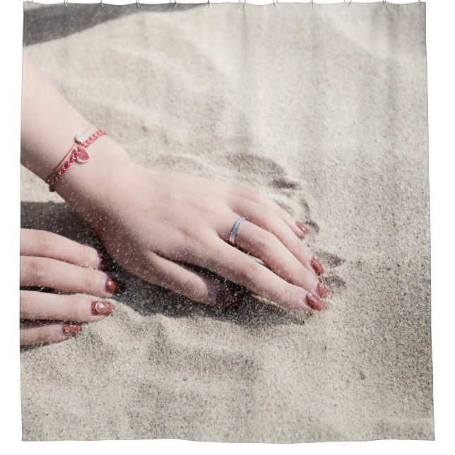 Woman lying on white sand shower curtain (Front)