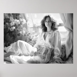 Woman lying on white silk sheets B&W photo Poster